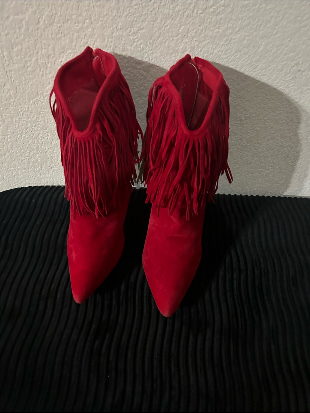 Alba Red Suede Fringe Pointed-Toe Boots